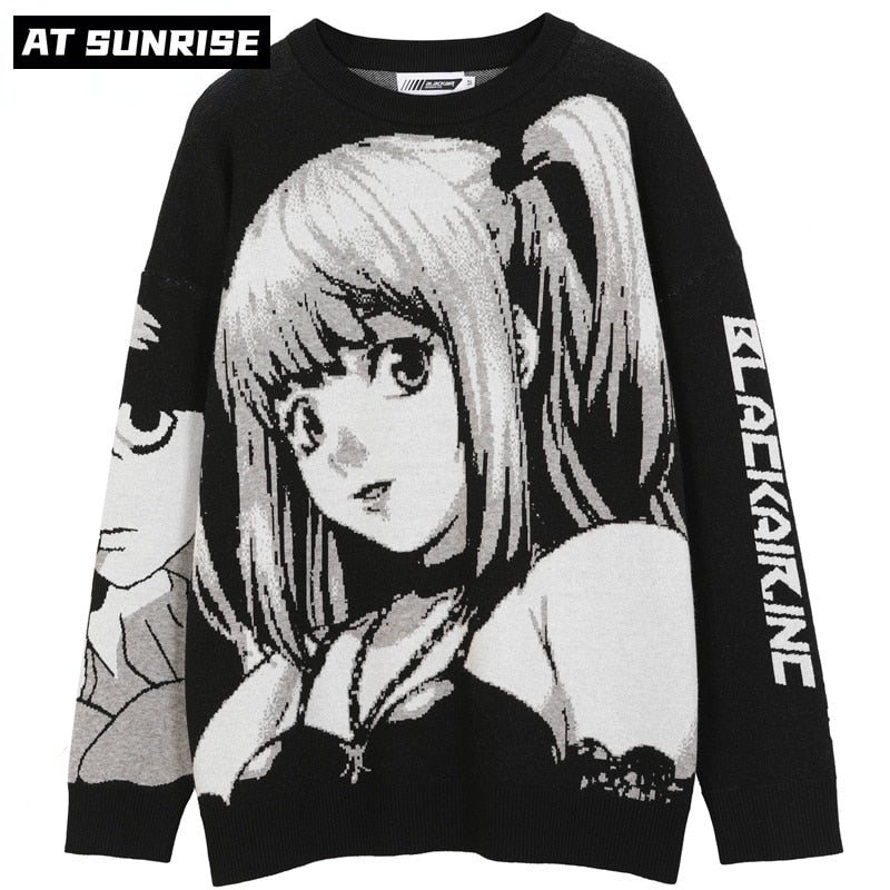 Death Note Hip Hop Streetwear Harajuku Sweater Vintage Retro Japanese Style Anime Girl Knitted Sweater 2021 Autumn Cotton Pullover